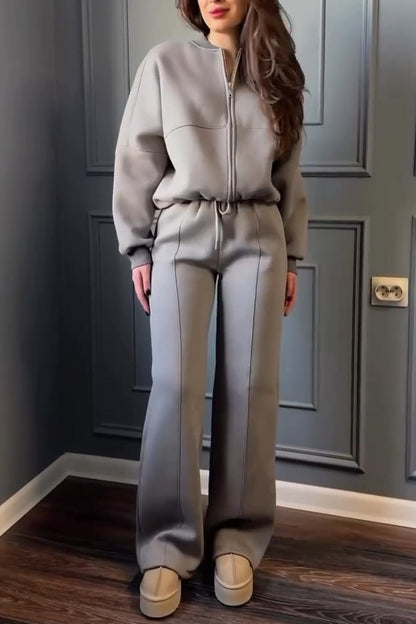 Women's Solid Zip-Up Jacket and Pants Set Gray