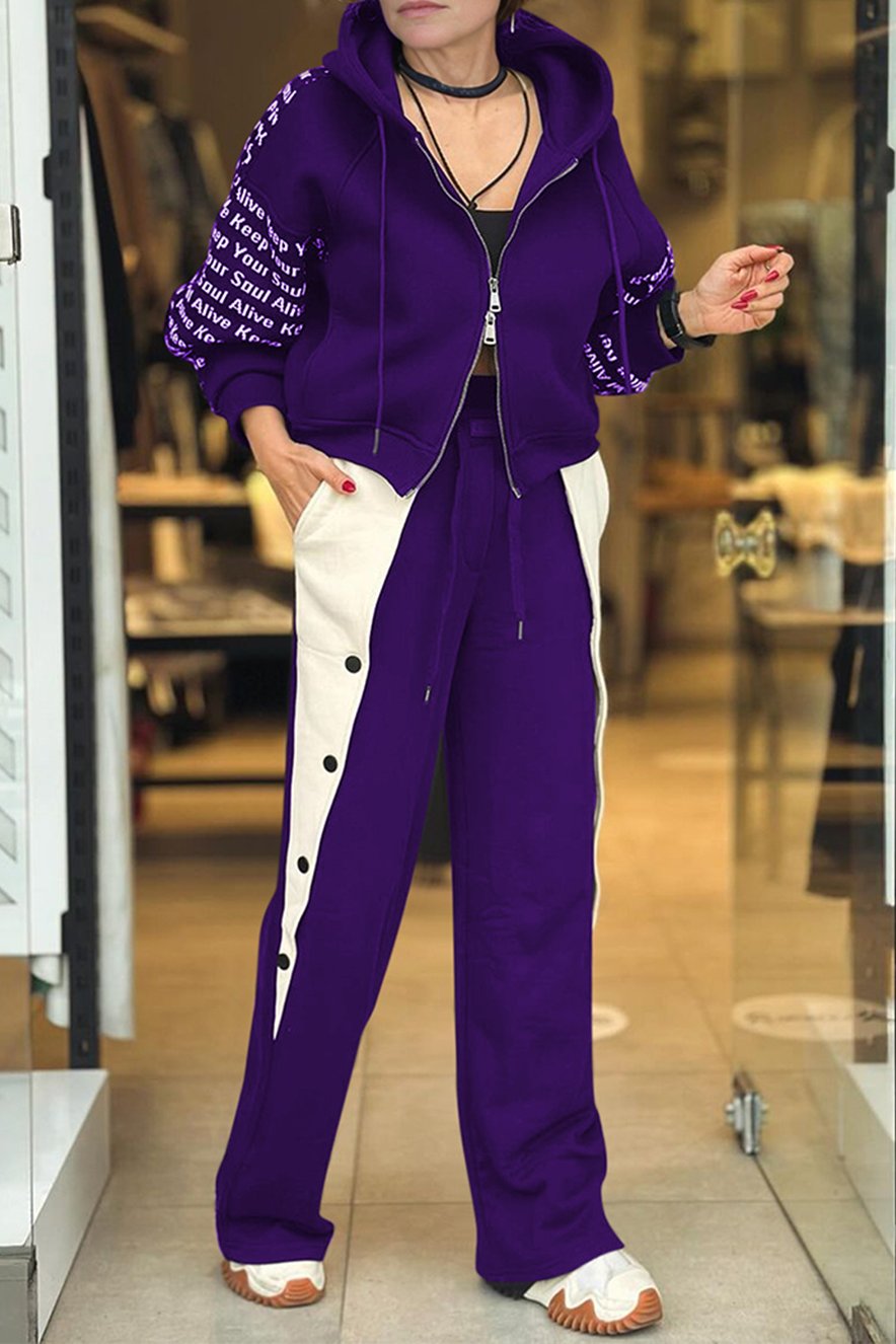 Women's Casual Zippered Hooded Letter Print Two-piece Set purple