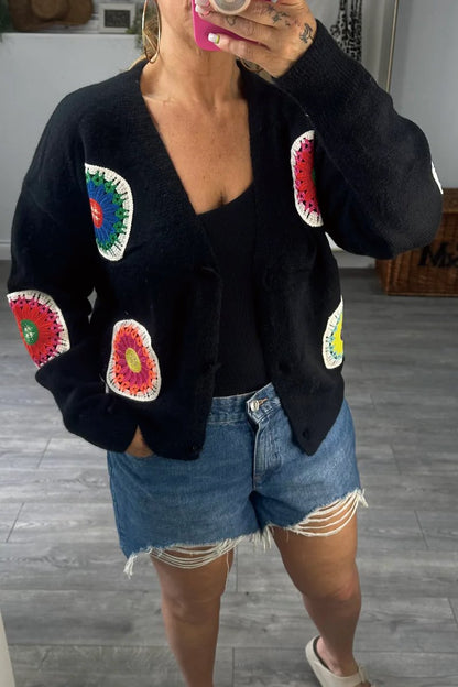 Women's floral knitted short cardigan Black