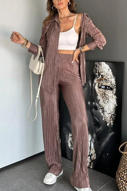 Women's casual loose pleated solid color suit Chocolate Color