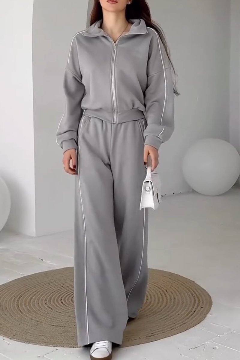 Women's Casual Contrast Color Two-Piece Pants Suit Grey