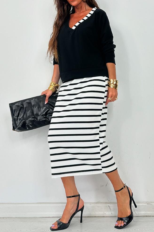 Women's casual off-the-shoulder striped dress set