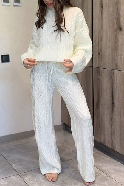 Women's Knitted casual pullover trousers suit White