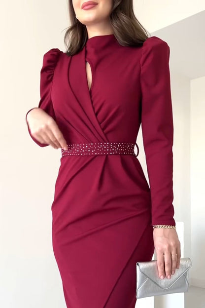 Women's Elegant Puff Sleeve Slit Dress Red