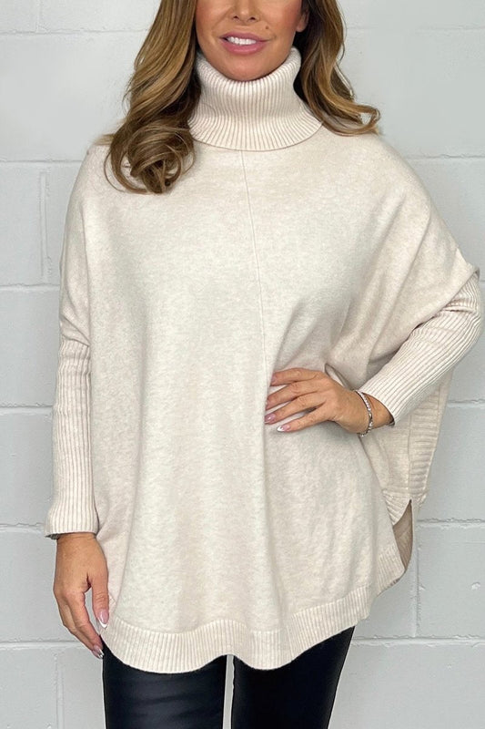 Women's Gorgeous soft knit oversized ribbed arm turtle neck jumper Beige