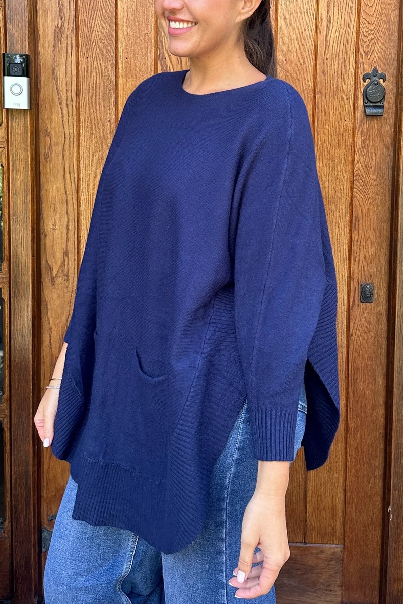 Women's Solid Color Knitted Cape Sweaters Blue