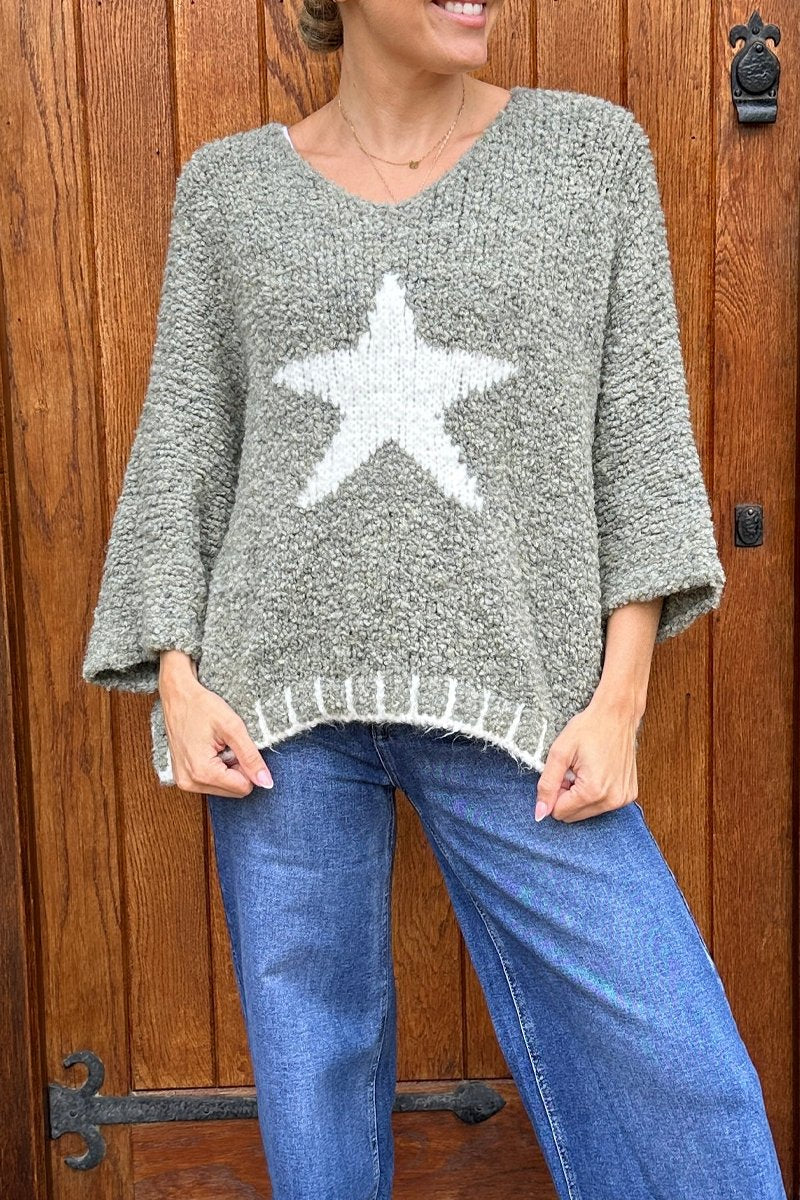 Women's Knitted Star Contrast Pullover Sweater Taupe