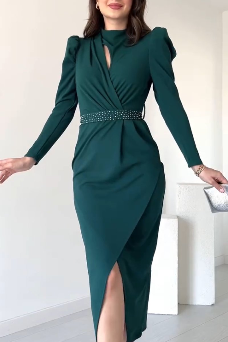 Women's Elegant Puff Sleeve Slit Dress Green