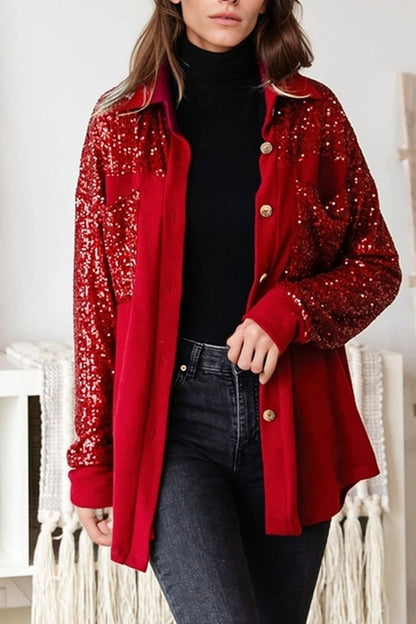 Women's Casual Solid Color Sequined Patchwork Shirt red