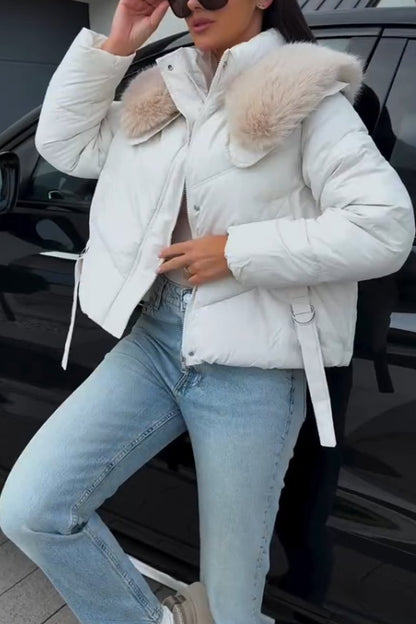 Women's Stylish Warm Coat With Plush Collar White