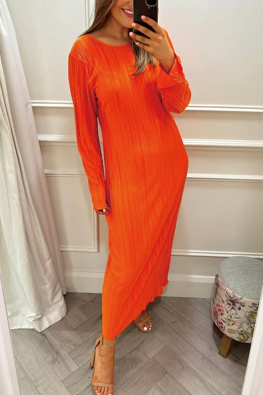 Women's Pleated Solid Maxi Dress Orange