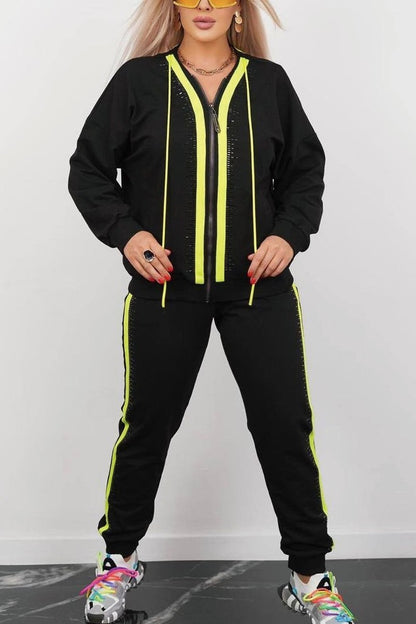 Women's Contrast Zipper Hoodies Webbed Pants Set Yellow