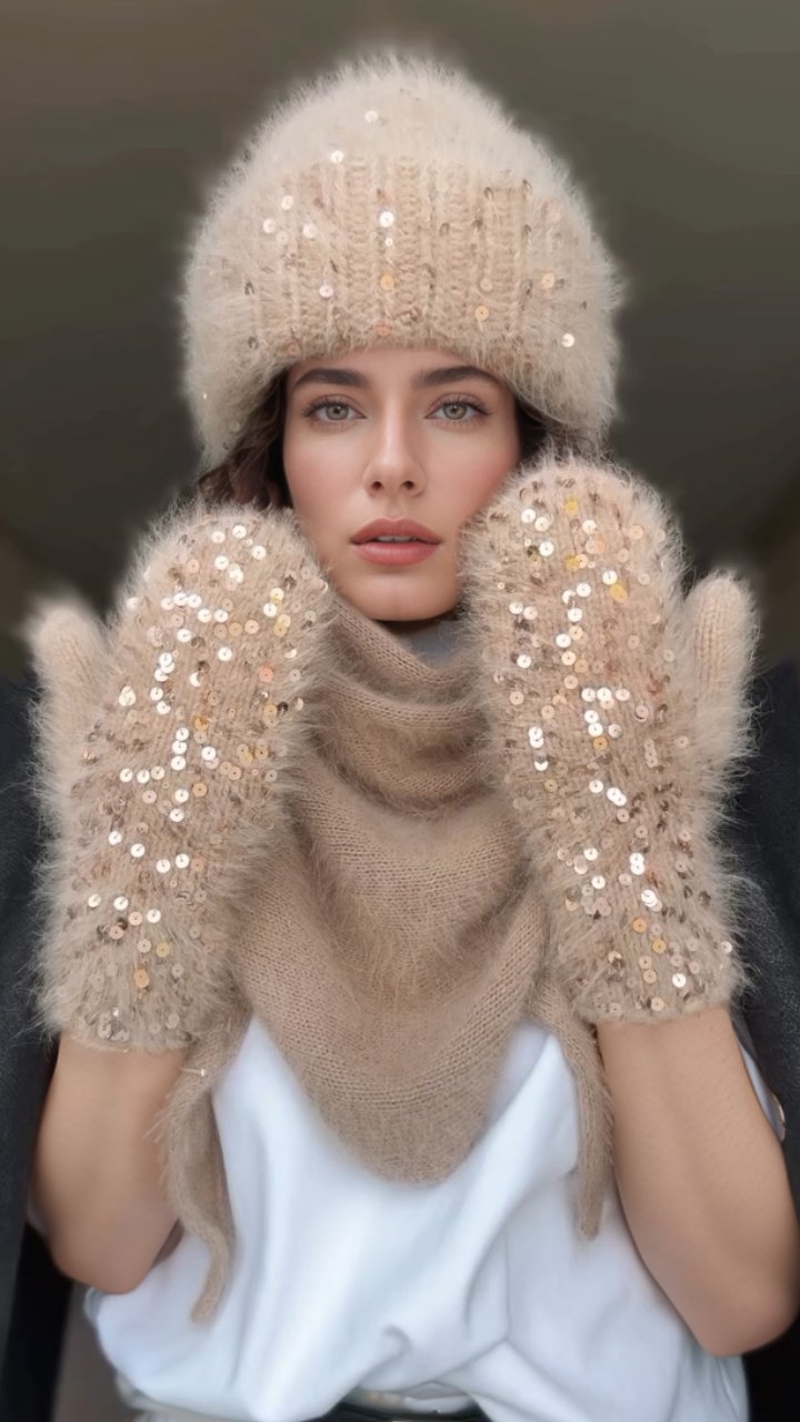 Women's Sequined Fashion Casual Autumn and Winter Knitted Hat + Gloves apricot M hat+gloves