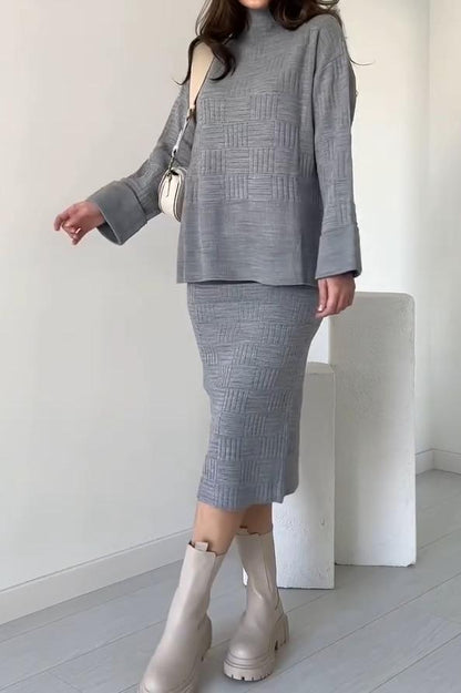 Women's casual elegant high-neck textured knitted skirt set gray