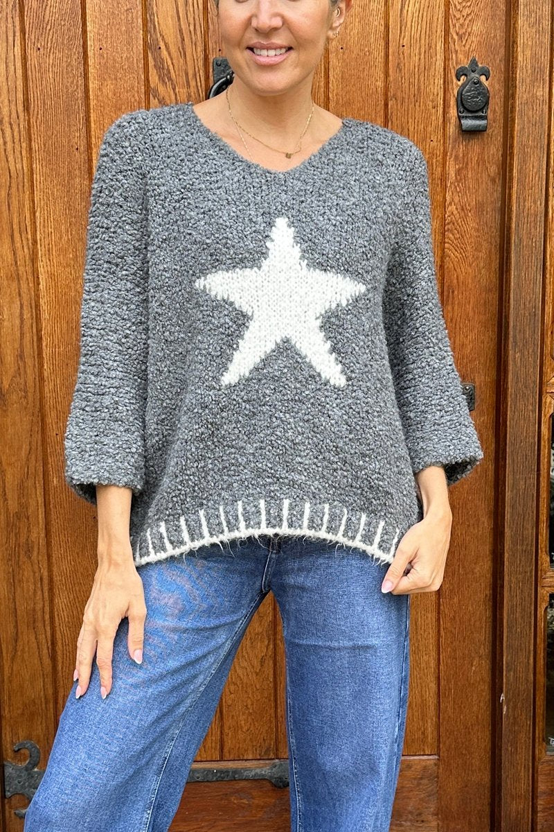 Women's Knitted Star Contrast Pullover Sweater Grey