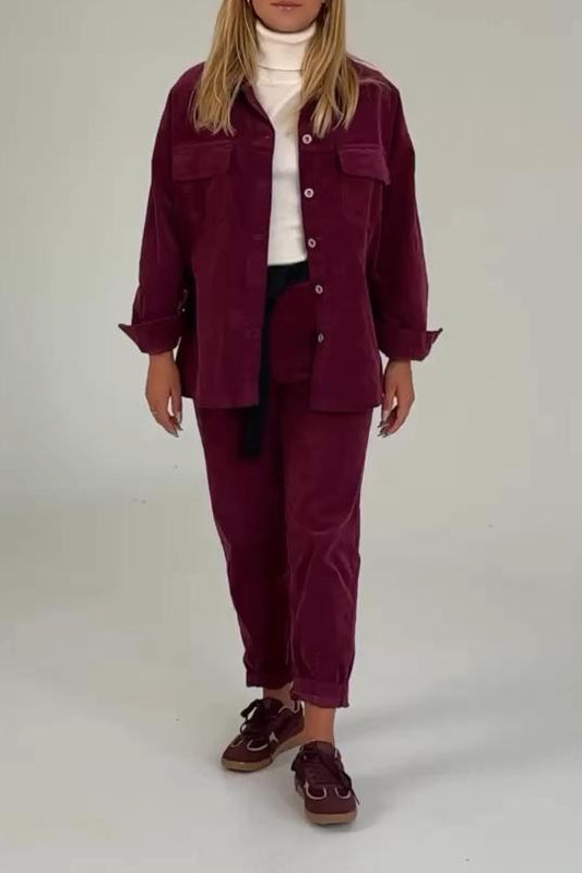 Women's Solid Color Casual Corduroy Suit Burgundy