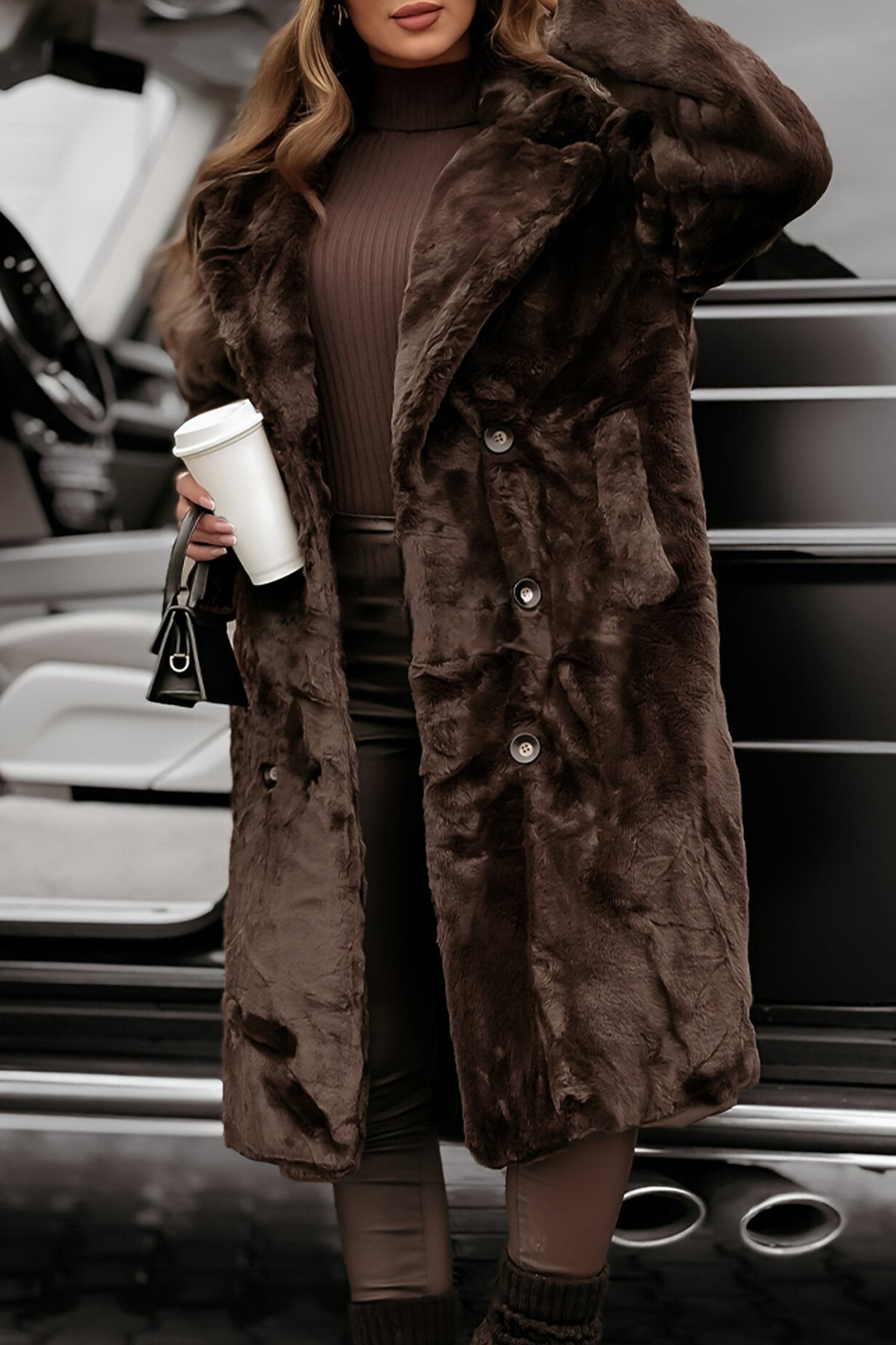 Women's Lapel Long Sleeve Fur Casual Long Coat brown