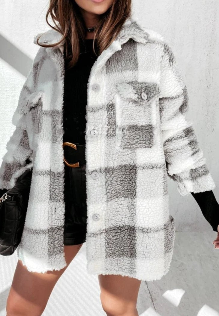 Long Sleeve Double Pocket Plaid Fur Coat gray plaid