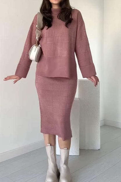 Women's casual elegant high-neck textured knitted skirt set pink