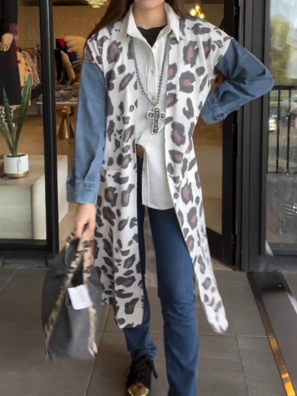 Women's Leopard Print Knitted Patchwork Long Jacket Blue