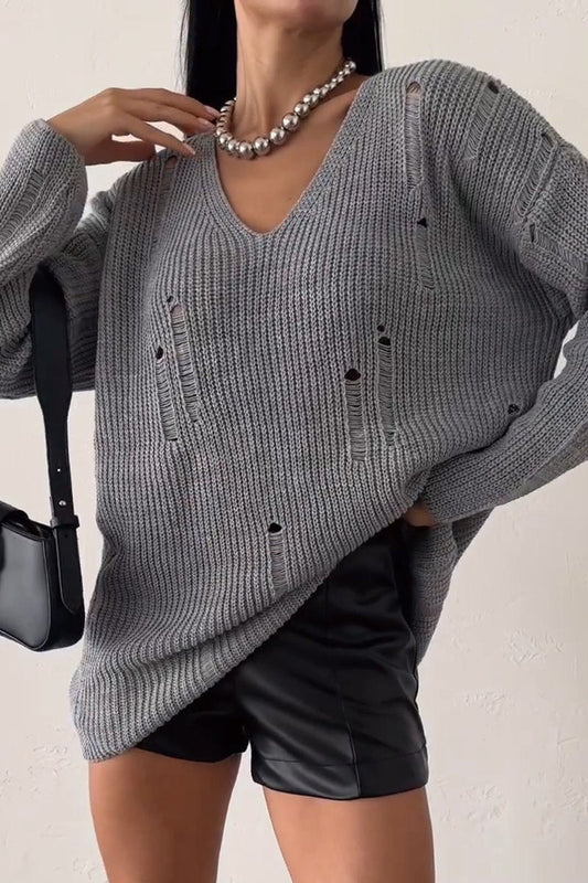 Women's Solid Color Knitted V-Neck Sweaters Gray