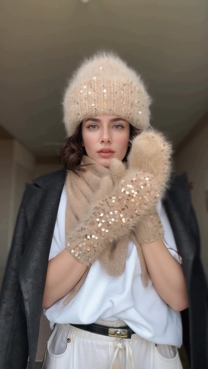 Women's Sequined Fashion Casual Autumn and Winter Knitted Hat + Gloves