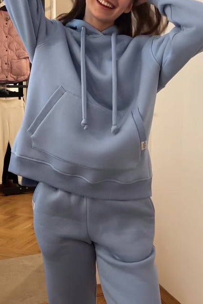 Women's solid color hooded pullover pants set Blue