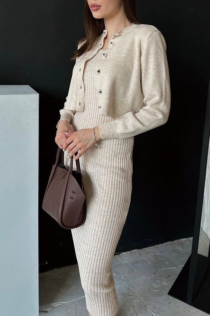 Women's solid color knitted cardigan dress set