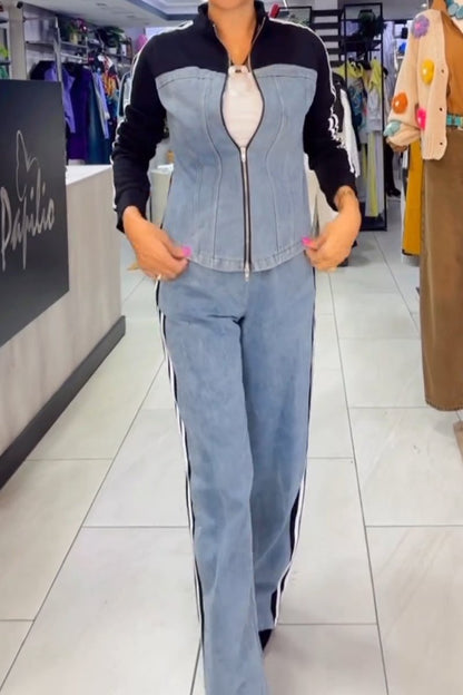 Women's Casual Denim Patchwork Two-piece Pant Suit