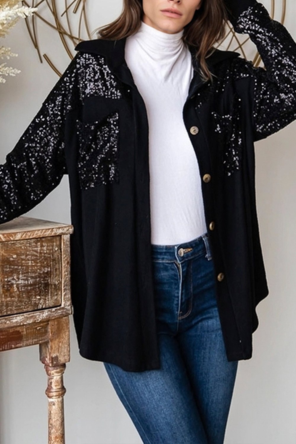 Women's Casual Solid Color Sequined Patchwork Shirt black