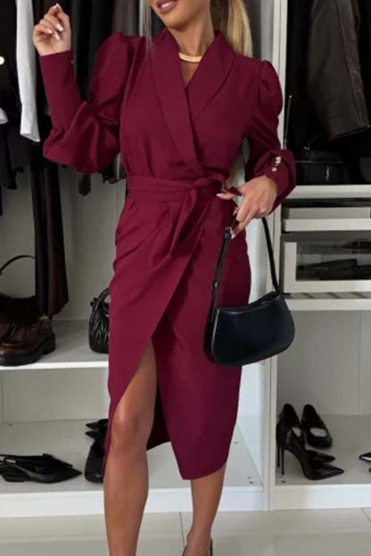 Women's Spring and Autumn Solid Color Elegant V-neck Dress