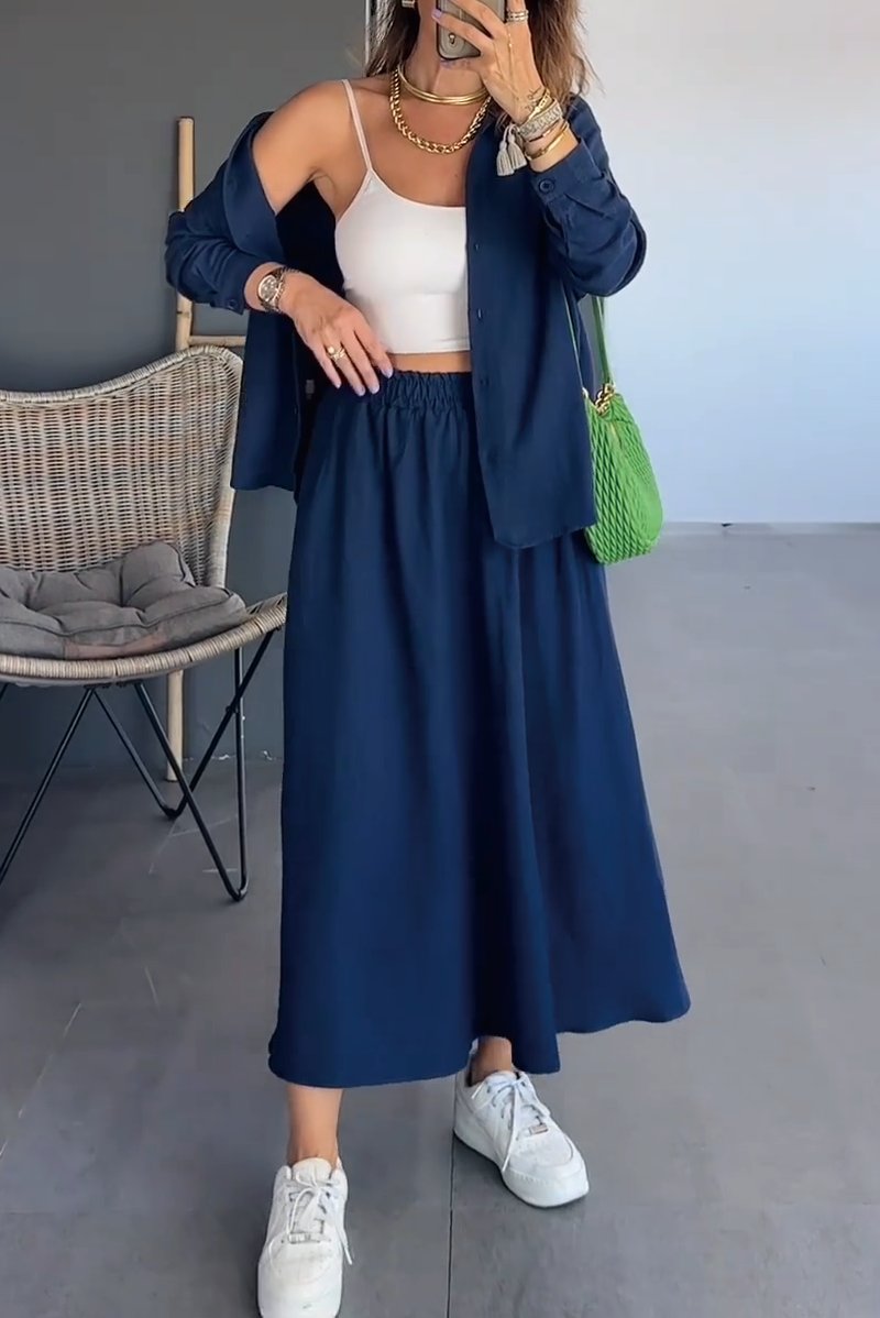 Women's solid color shirt and skirt suit Navy blue