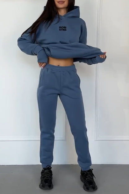 Casual solid color sweatshirt set blue