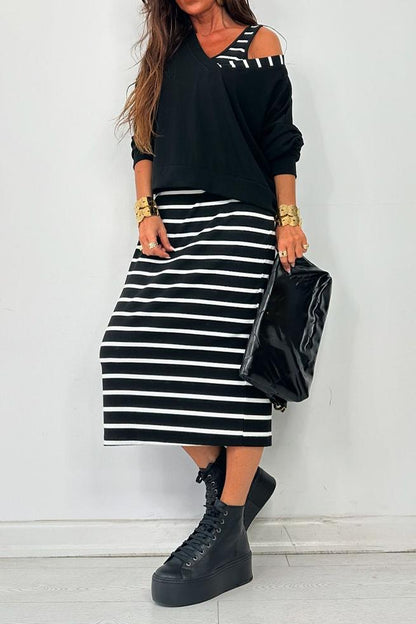 Women's casual off-the-shoulder striped dress set