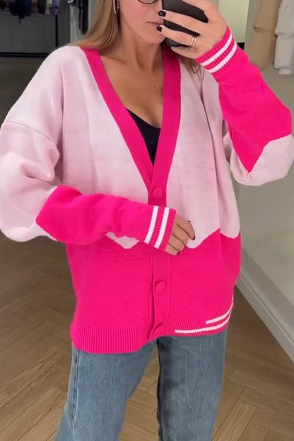 Women's casual V-neck color-block wool cardigan pink