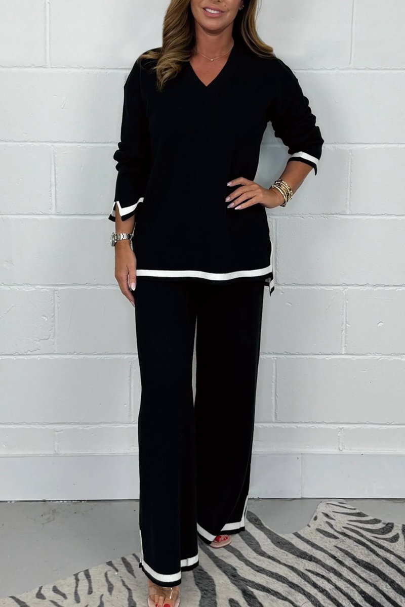 Women's V-Neck Soft Knit Border Edge Trouser Co-Ord Black