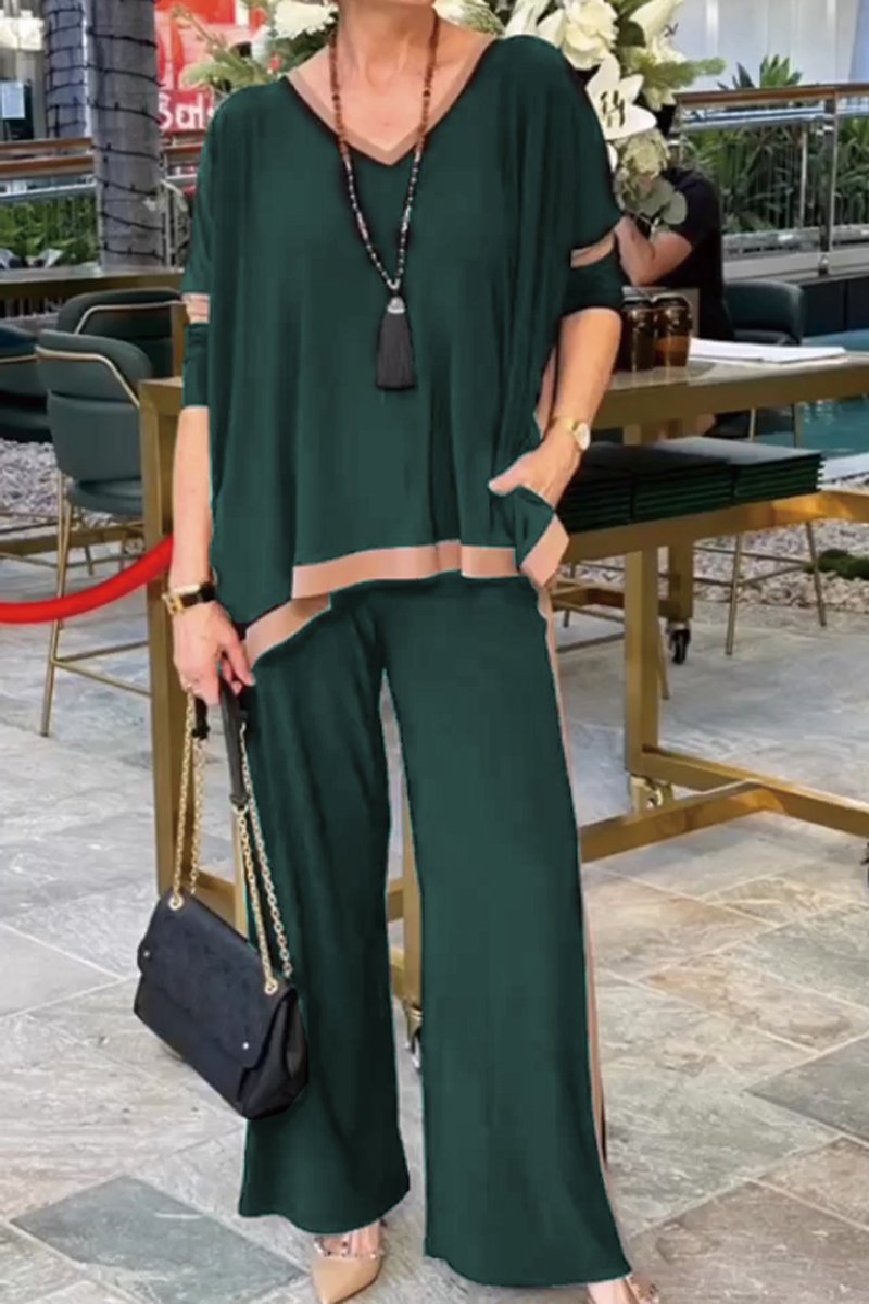 Summer V-neck patchwork 3/4 sleeve two-piece suit Green