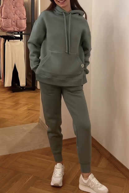 Women's solid color hooded pullover pants set