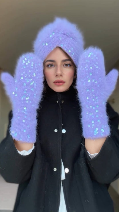 Women's Sequined Fashion Casual Autumn and Winter Knitted Hat + Gloves blue M hat+gloves