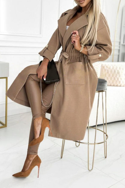 Women's Solid Color Large Lapel Waist Long Coat