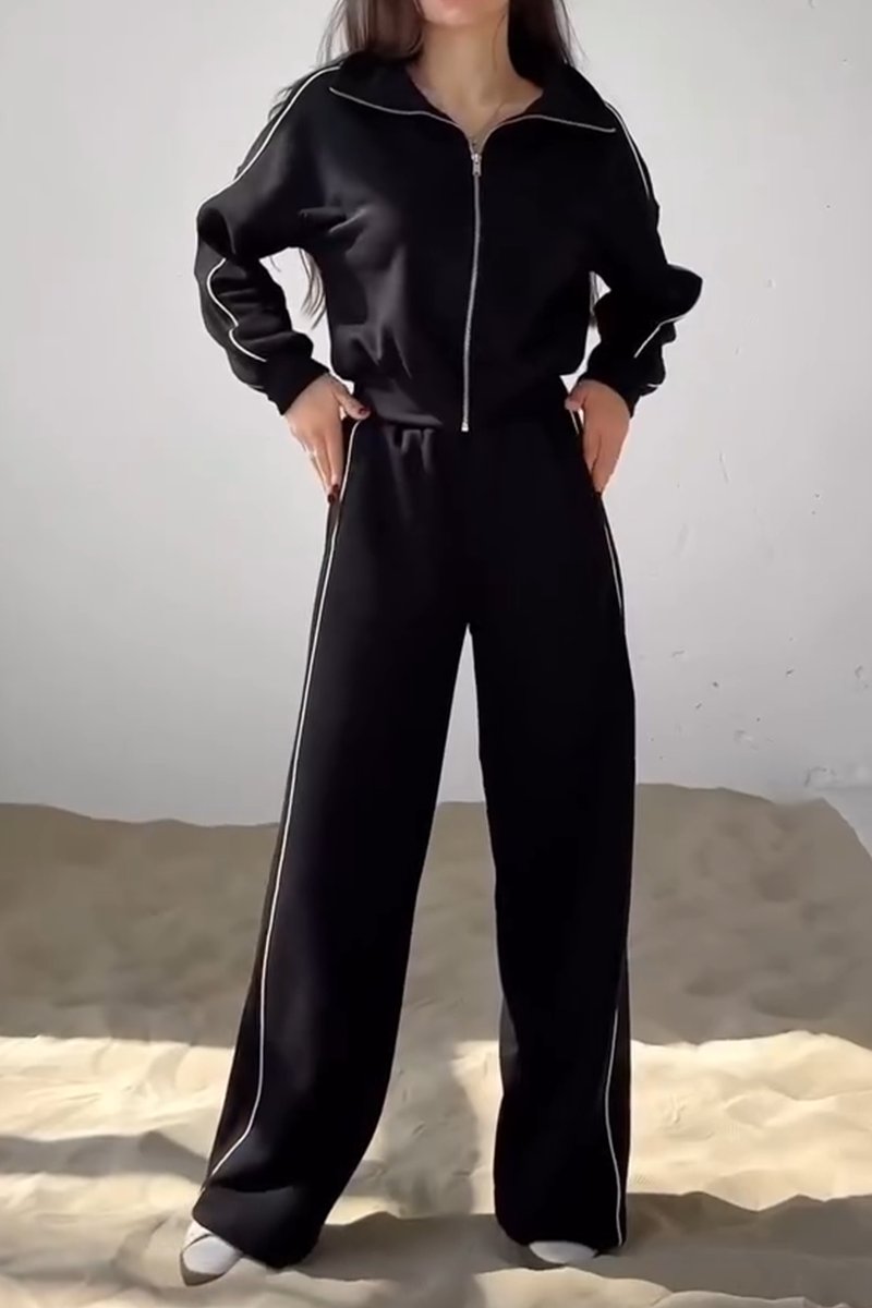 Women's Casual Contrast Color Two-Piece Pants Suit Black