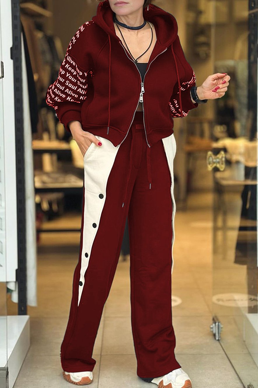 Women's Casual Zippered Hooded Letter Print Two-piece Set burgundy