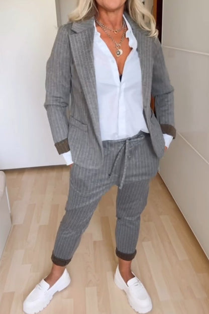 Ladies Casual Striped Cuffs Contrast Suit Suit grey