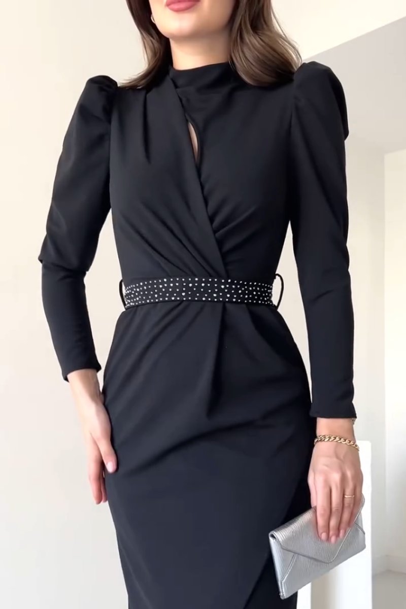 Women's Elegant Puff Sleeve Slit Dress Black