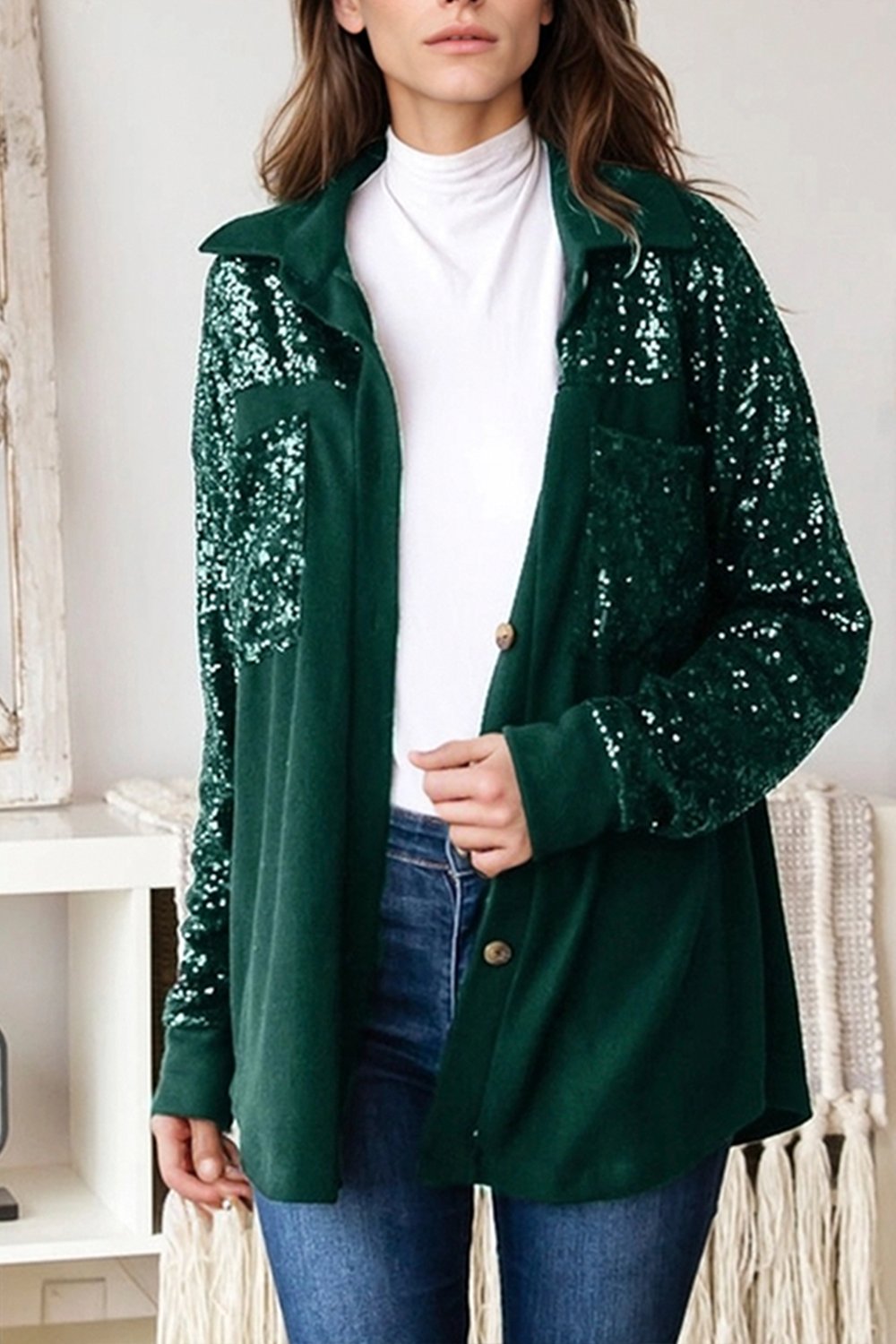 Women's Casual Solid Color Sequined Patchwork Shirt green