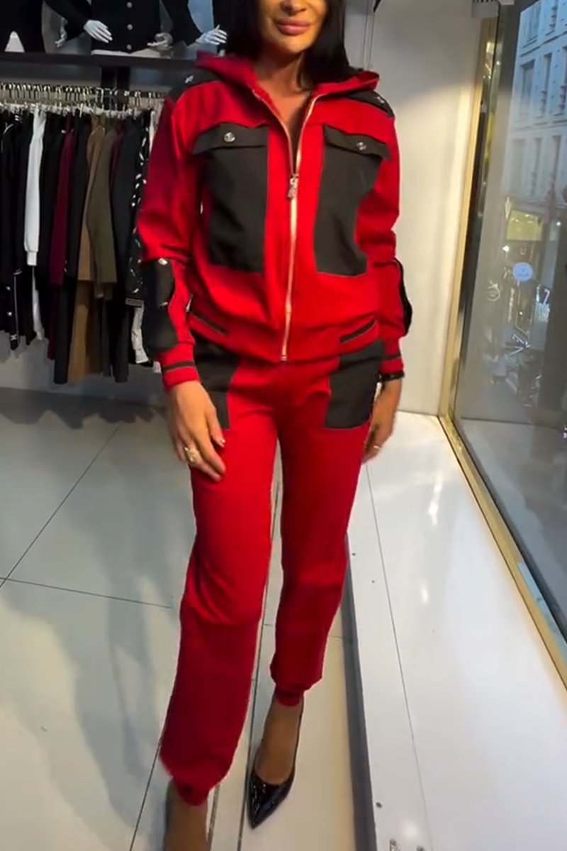 Women's Casual Contrast Pocket Hooded Pants Suit Red