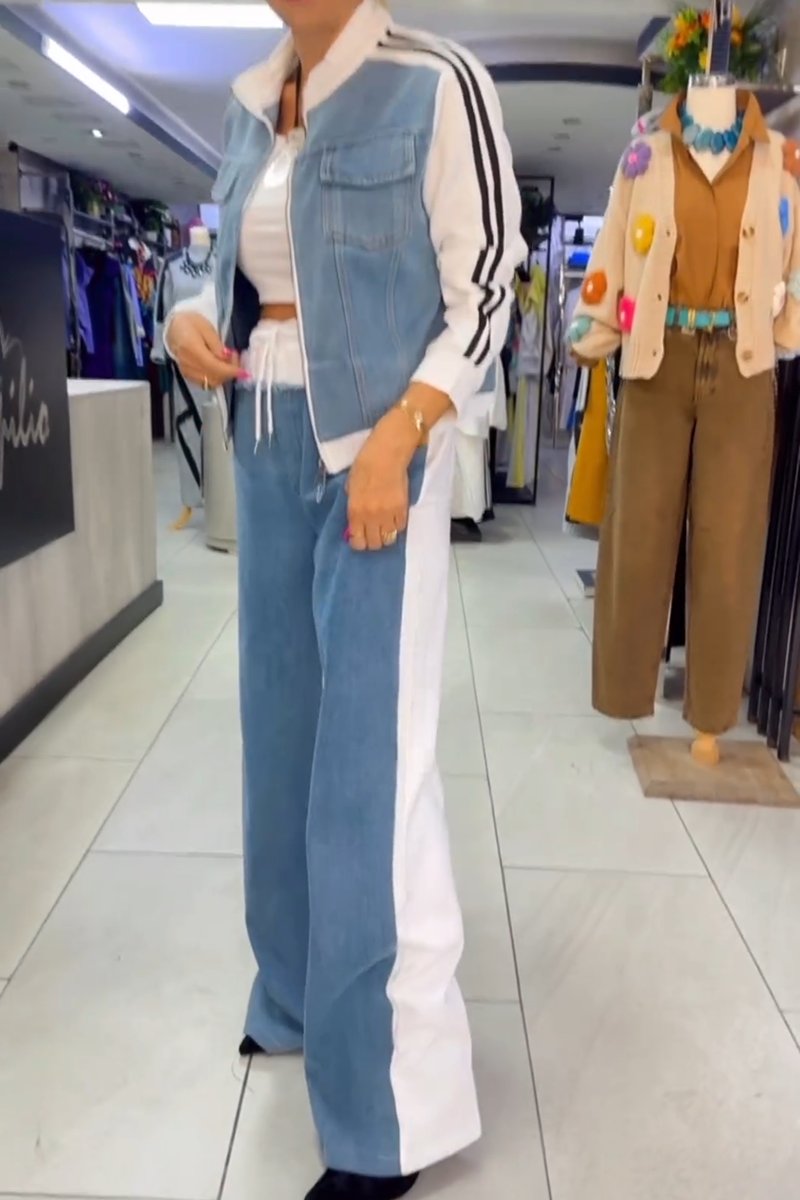 Women's Casual Denim Patchwork Two-piece Pant Suit