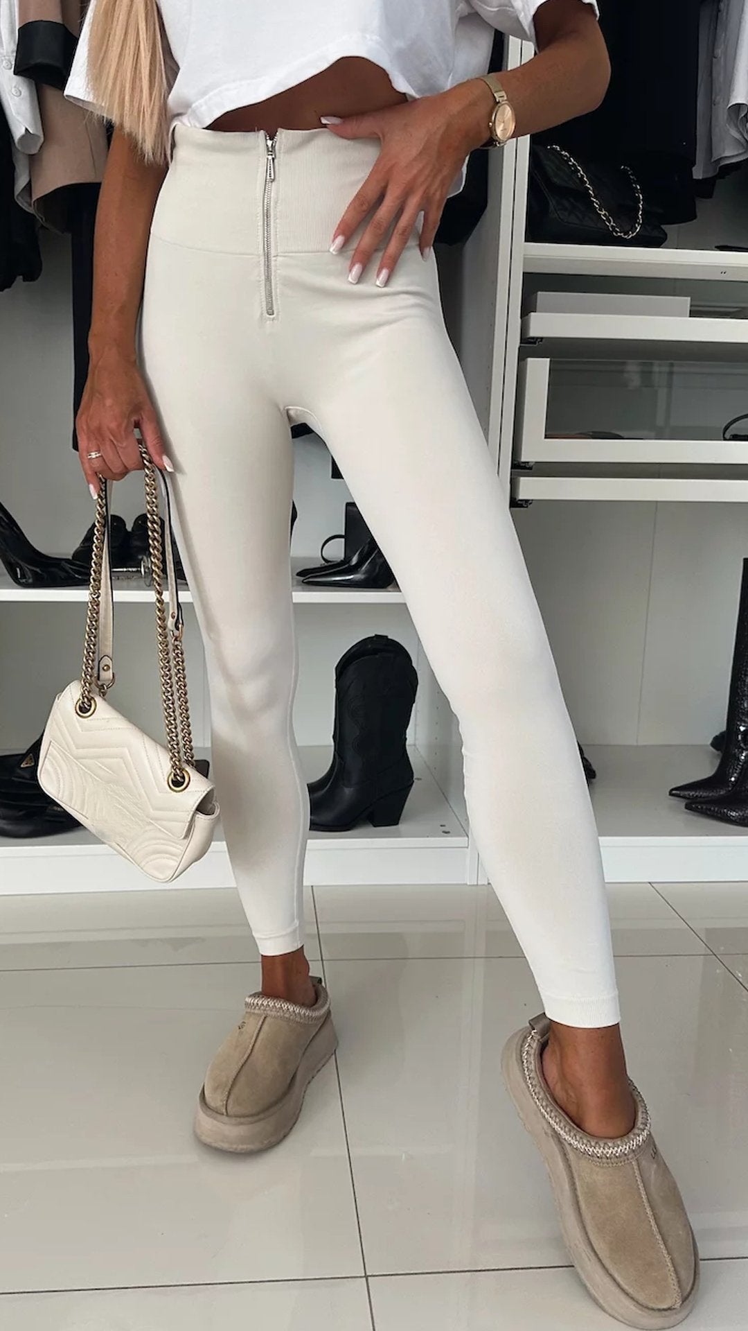 Women's Casual Sports Zipper Leggings white