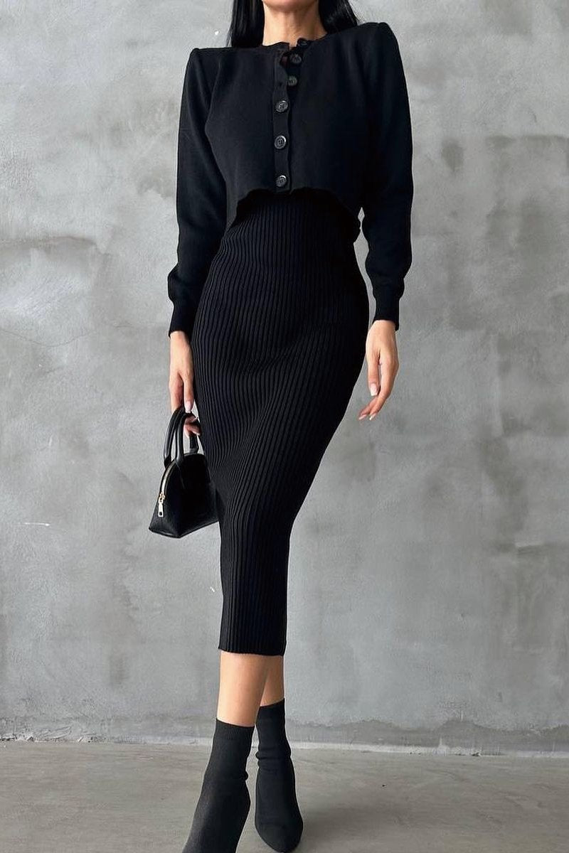 Women's solid color knitted cardigan dress set Black