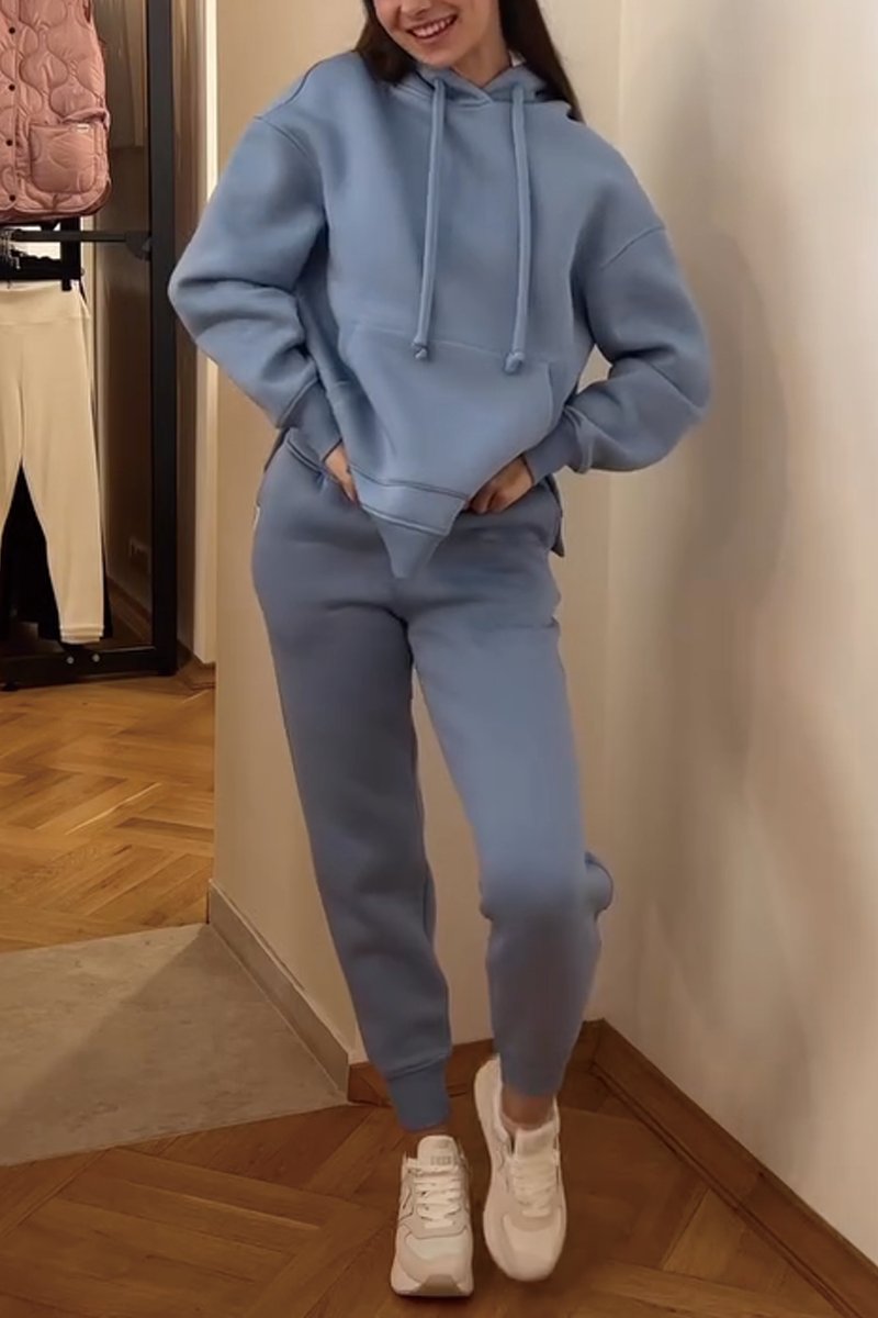 Women's solid color hooded pullover pants set